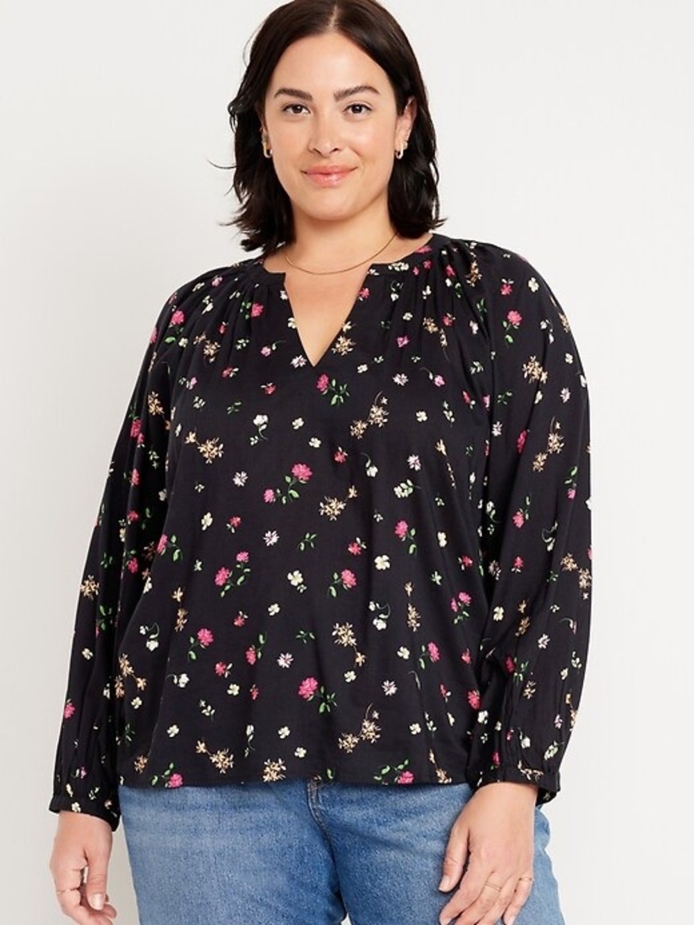 Old Navy Black Floral V-Neck Long Sleeve Blouse Size XL